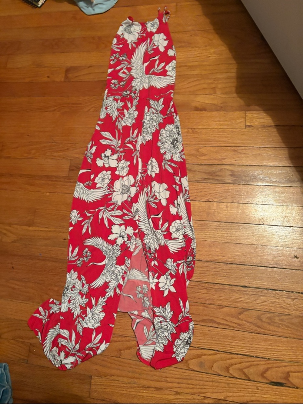 Express Red Floral Maxi Dress with Slit and White Print